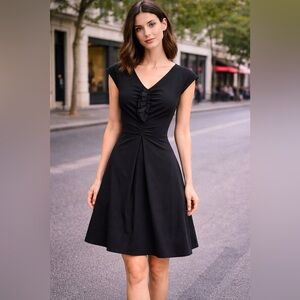 Lida Baday Black Ruffle Front Fit & Flare Dress Size M Made in Canada 🇨🇦